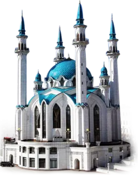 a white and blue building with two towers