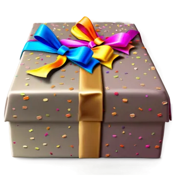 a brown gift box with a colorful ribbon and bow