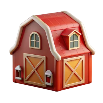 a small red barn with two doors and windows