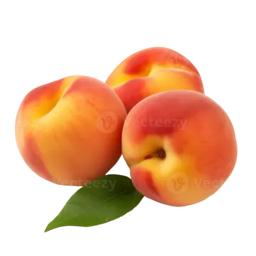 three peaches with leaves on a white background