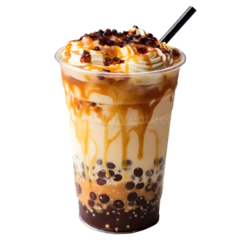 a cup filled with ice and topped with chocolate