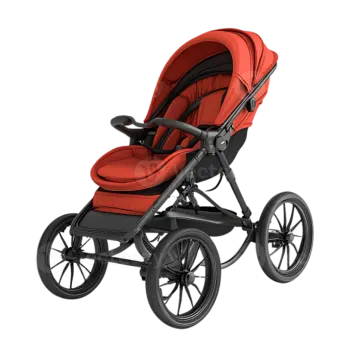 the baby stroller with red fabric and black wheels