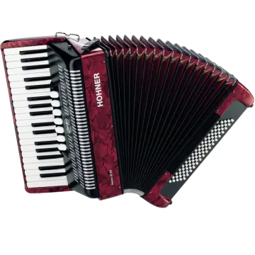 a red and black accordion with white keys