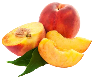 a peach and two pieces of peach on a white background
