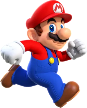 a cartoon character in a red hat and blue overall running