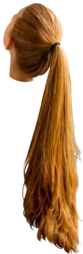a woman with long blonde hair in a ponytail