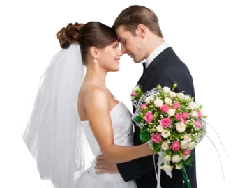 a bride and groom posing for the camera