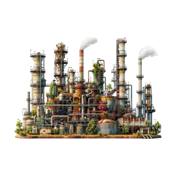 an industrial factory with pipes and smoke stacks