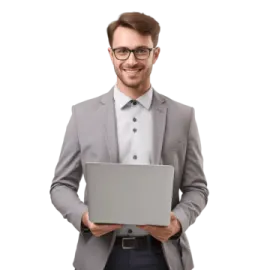 a man in a suit holding a laptop