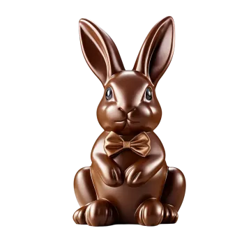 a chocolate bunny sitting on top of a white background