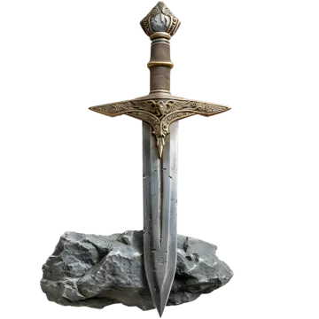 the sword is on top of a rock