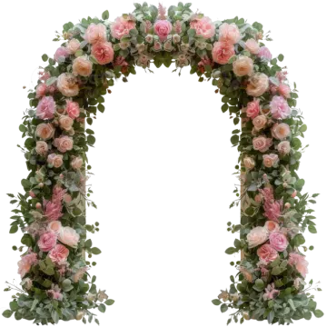 a floral arch with pink roses and eucalyptus leaves