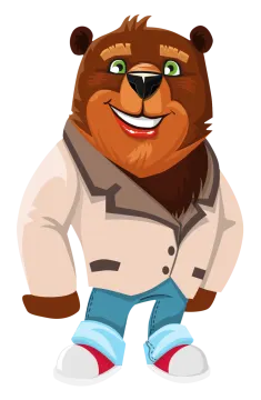 a cartoon bear in a lab coat