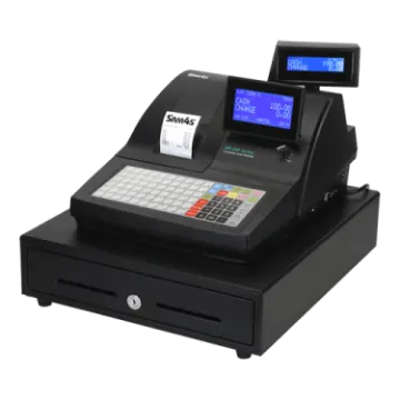 a black cash machine with a blue screen