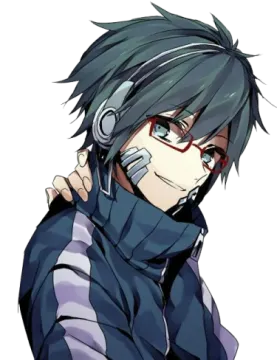 an anime character with black hair and blue eyes, wearing headphones