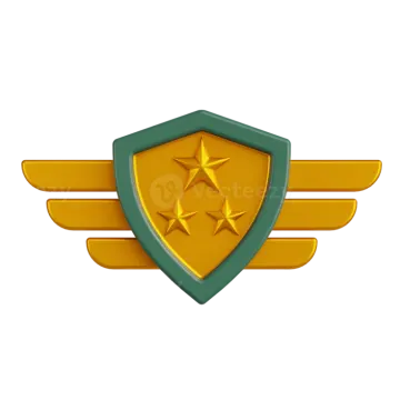 a green shield with gold stars and wings