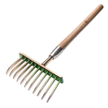 a green rake with wooden handle