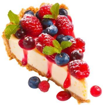a piece of cheese pie with berries and mint