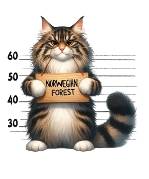 a cat holding a sign that says norwegian forest