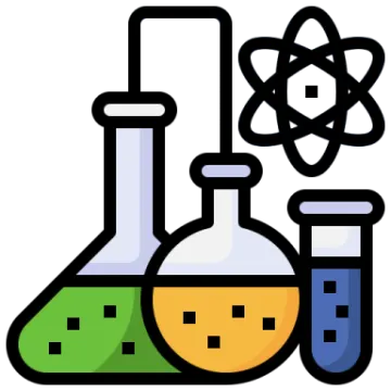 a beak and flasks with an atomic symbol