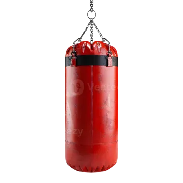 a red punching bag hanging on a chain