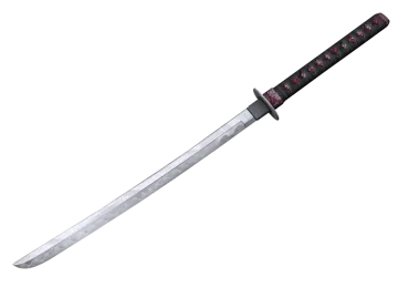 a knife with red and black designs on it