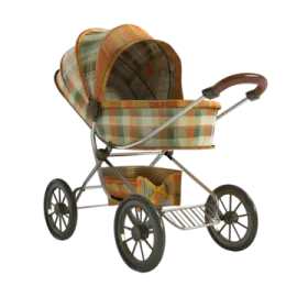 a baby stroller with plaid fabric on it