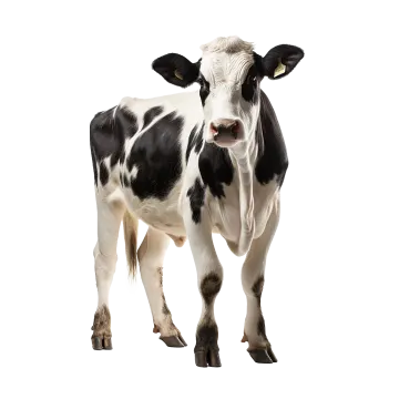 a black and white cow standing in front of a white background