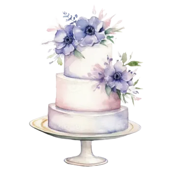 a watercolor painting of a wedding cake with purple flowers