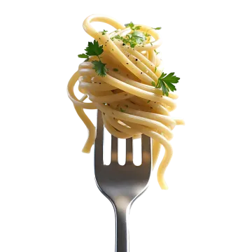 a fork full of pasta on a white background
