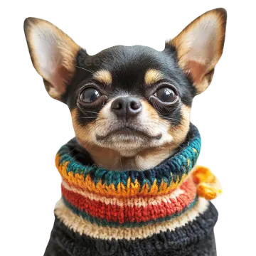 a small dog wearing a colorful knitted scarf