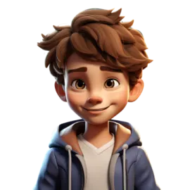 a young boy with brown hair wearing a blue jacket