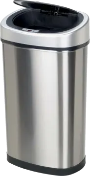 a stainless trash can with the lid open