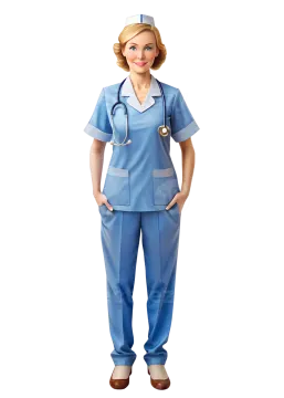 a female nurse in a blue uniform