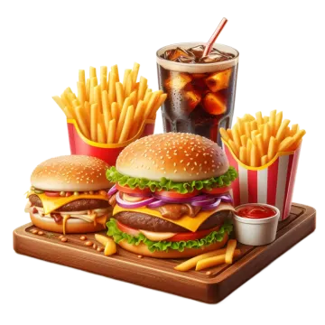 a hamburger and french fries on a cutting board