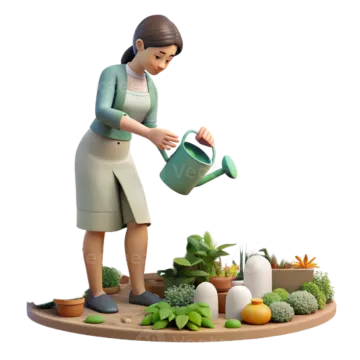 a woman watering plants on a wooden tray