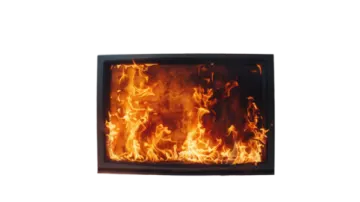 a black fireplace with flames on it