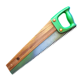a wooden saw with a green handle