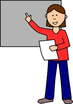 a woman standing in front of a blackboard