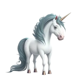 a white unicorn with blue hair and a gold horn