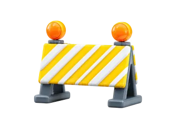 a yellow and white barrier with two orange lights