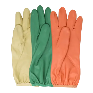 three pairs of gardening gloves in different colors