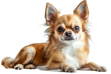 a small brown and white dog laying down