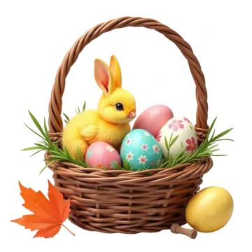 a basket filled with easter eggs and an orange leaf