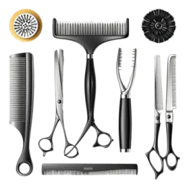 a set of scissors and combs on a white background
