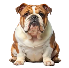 a brown and white dog laying down on the ground