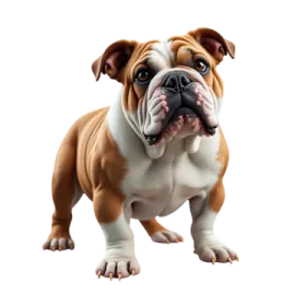 a brown and white bulldog standing on its hind