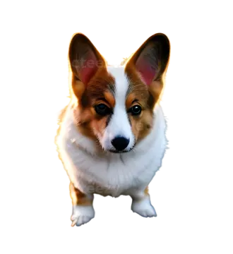 a small white and brown dog with blue eyes