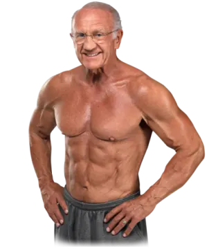 an older man with no shirt smiling and showing his muscles