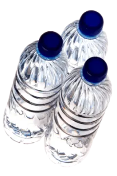three plastic water bottles with blue lids